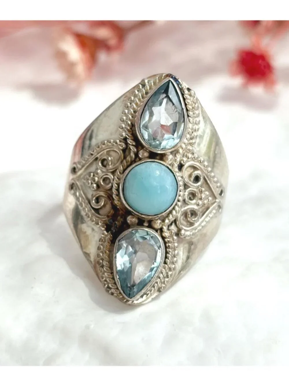 Larimar & Blue Topaz Gemstone Indian Sterling Silver 925 Vintage Ring - sz 9